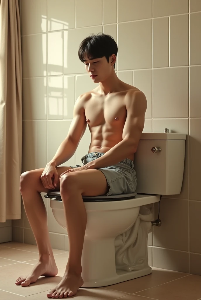 realistic photo, intricate, detailed, 4K photo quality, very clear, design of a very realistic sitting toilet like a very handsome man, Korean face, very ideal body, bare chested, his body as a water tank from the sitting toilet, so that the toilet user when defecating seems to be sitting on the lap of the Korean man, make it realistic with materials that look natural like real humans, the atmosphere of the spacious bathroom is like being in a karaoke room with soft and bright lighting, the writing "Design by Ronny B" is clearly visible hanging artistically.