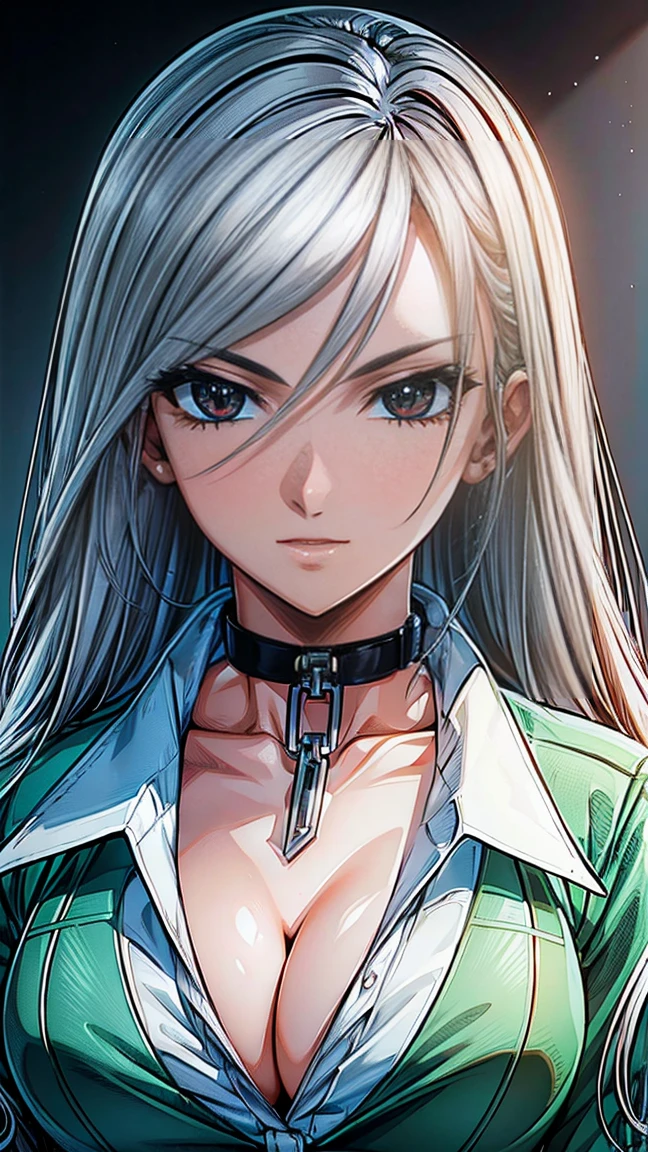 Expressive and Captiv(masterpiece, Highest quality, Very detailed, High resolution, figure:0.8), Very detailed wallpaper, Official Art, wonderful, Attention to detail, Very detailed, Very detailed 8k wallpaper, Light silver hair, (bright Red eyes with elongated pupils), (White Background: 1.3), (One person, alone), sexy,Perfect Anatomy,Beautiful Face, Provocative, school uniform, gray skirt, (((lower body, cowboy shot))), (green blazer, Brown skirt with black square pattern), perfect eyes, perfect face, clear eyes, shiny eyes, light eyes extremely ultra detailed beautiful face, cleavage, collar, open collar, symmetrical eyes, deep detailed eyes, even eyes, Expressive and Captivating Eyes, slant eyes, sharp eyes, fearless face, adult face, sharp face, perfect female body, perfect proportion, extremely ultra detailed beautiful eyes, top quality, high quality, best quality, amazing quality, professional quality, extremely detailed cg, finely detailed highly detailed, ultra detailed, beautiful, masterpiece, masterwork, super fine illustration, 16k, 32k, fantastic, gleaming skin, oil skin, shiny skin, super detailed eyes, highly detailed eyes, finely detailed eyes,