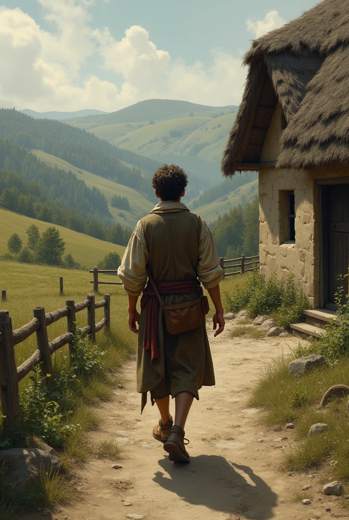 Sad young man walking away from home in the middle ages