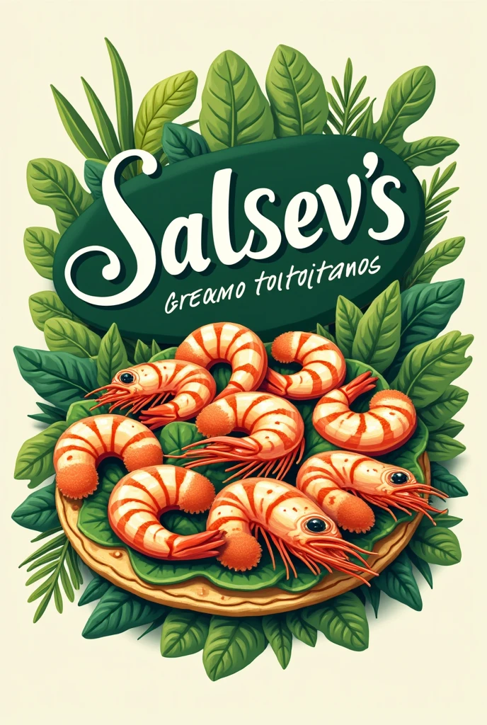 MAKE A LOGO THAT SAYS SALSEV'S GREEN TORTILLAS WITH SHRIMP THAT HAD BUNCHES OF GREENS AND SHRIMP