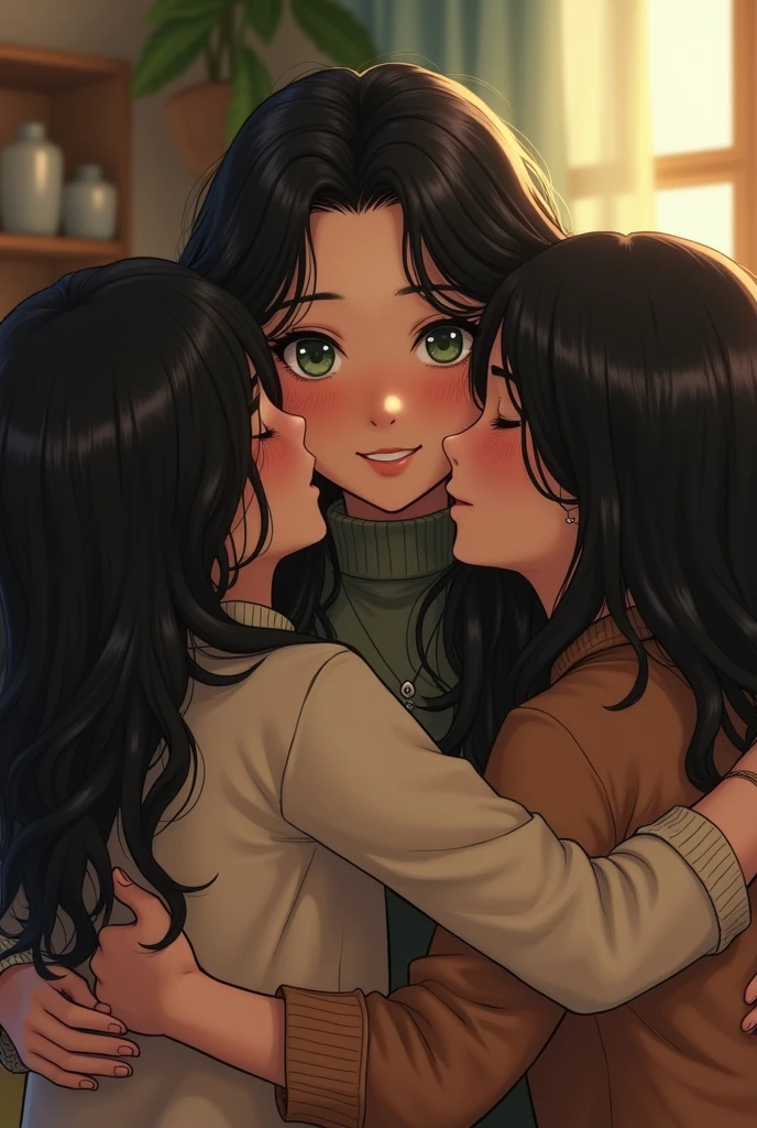 a young woman with white skin .black hair . green eyes , high hugging a group of friends