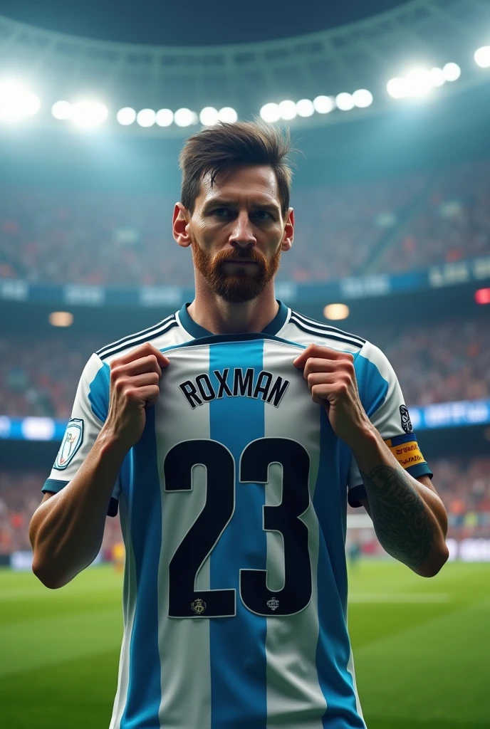 Create an image of MESSI holding Roxman&#39;s football shirt with the number 23 on it 