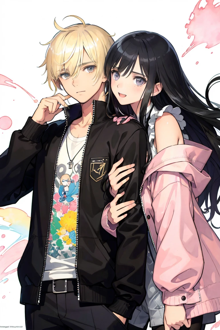 man and woman, couple, love, mature, a cat woman, she has freckles, she has dark brown eyes and an upturned nose, she is happy and smiling, she has long wavy hair, black hair, she is wearing aviator sunglasses with clear lenses in a soft watercolor style. The girl's clothes must be pink, purple, and blue in celebration of the bisexual, with stains of ink and watercolor mixing and filling the scene. he has blonde hair, he is handsome, he is slim. There should be a subtle, nuanced change in colors using the impasto technique with gouache paint. There should be a light rain in the watercolor painting with a little watercolor paper texture and a pastel background.