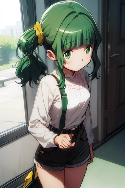 best quality, masterpiece, highres, solo, bangs, sidelocks, blunt bangs, twintails, green hair, wavy hair, medium hair, green eyes, hair ornament, blush, dot nose, closed mouth, aqua hair, scrunchie, yellow scrunchie, hair scrunchie, 1girl, looking at viewer, from behind, white shirt, belt, jeans shorts, shorts rolled