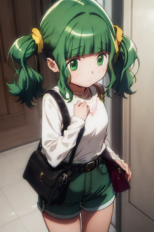best quality, masterpiece, highres, solo, bangs, sidelocks, blunt bangs, twintails, green hair, wavy hair, medium hair, green eyes, hair ornament, blush, dot nose, closed mouth, aqua hair, scrunchie, yellow scrunchie, hair scrunchie, 1girl, looking at viewer, from behind, white shirt, belt, jeans shorts, shorts rolled