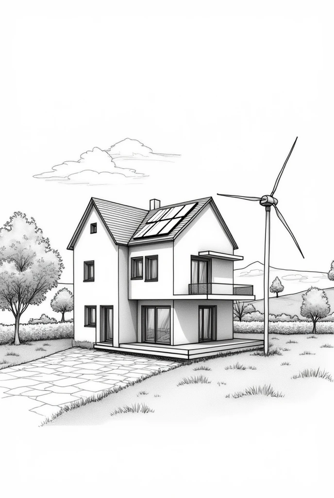 sketch a 2 story design of a residential house with solar panel and windmill, rain water catchment ... make it as black and white lines