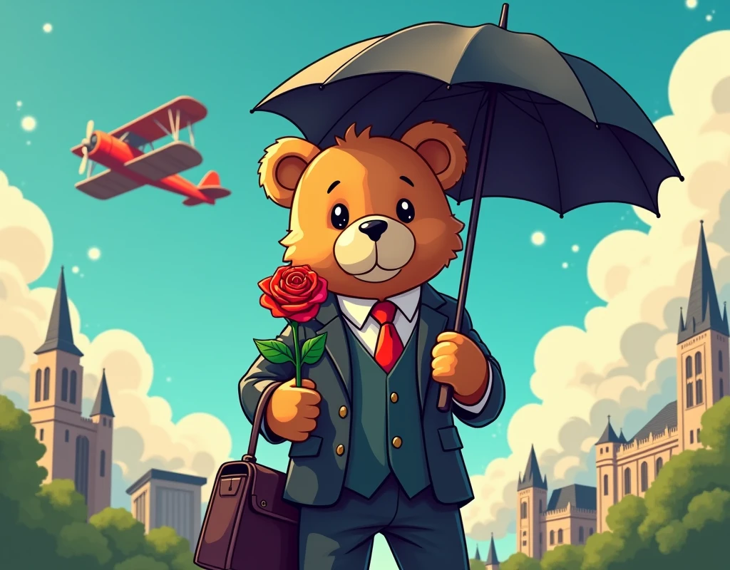 Modern cartoon, bright colors, close-up of a determined teddy bear wearing a power suit with a single rose, and carrying a briefcase, uses a sturdy black umbrella, his curious eyes staring at the horizon, vintage plane in the sky, Gothic architecture peeking out from behind fluffy clouds, sunny.