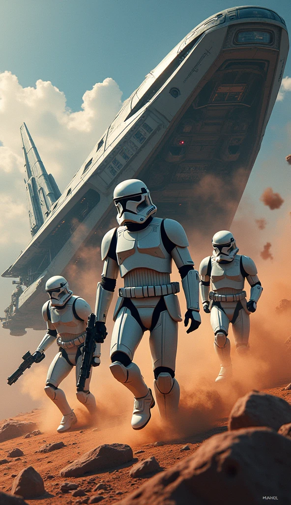 star wars poster, dramatic scene, ((Expressive characters)), Future-oriented details, Energetic and ((Fascinating colors)), Dynamic configuration, Clone Soldier, spaceship