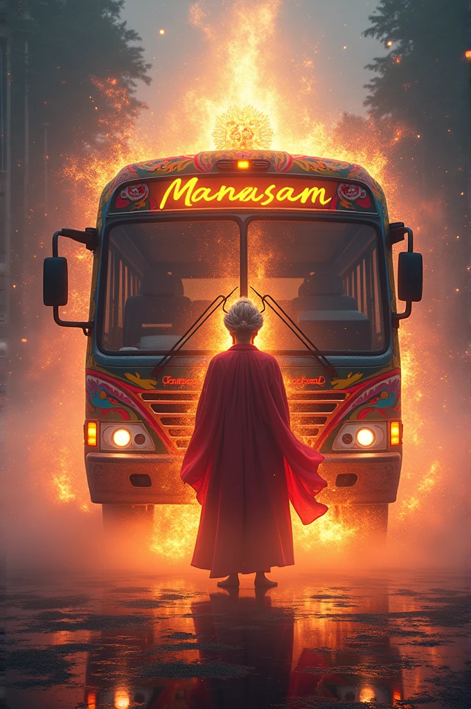 A bus named manasam liard krishna standing front of the bus and all light on 