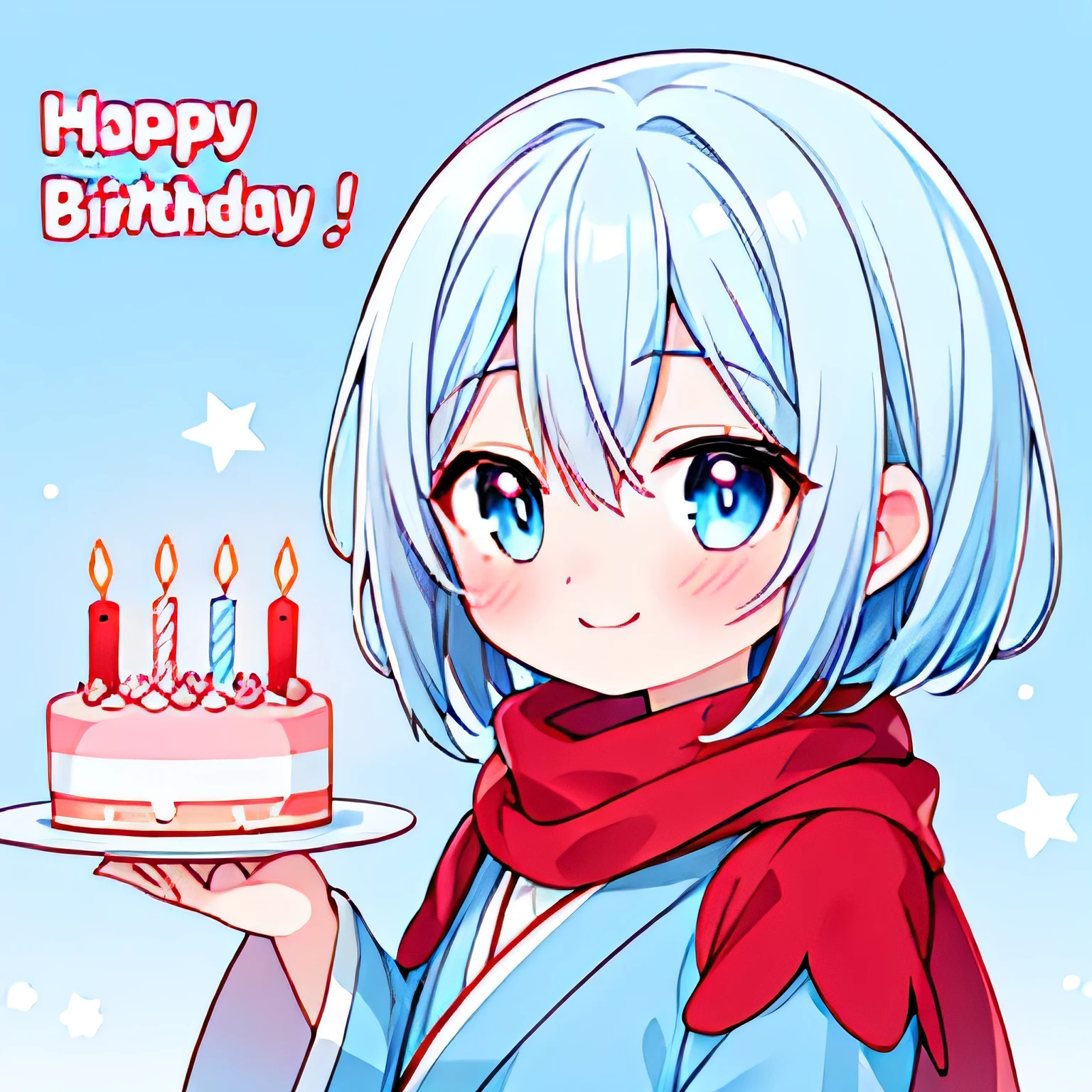 Lovely, Smile, Light blue hair, Short shoulder-length hair, Blue pupils, Quiet, obedient, Shy, blush, Red scarf, Light blue robe, Holding birthday cake, Make a Wish, serene, bust