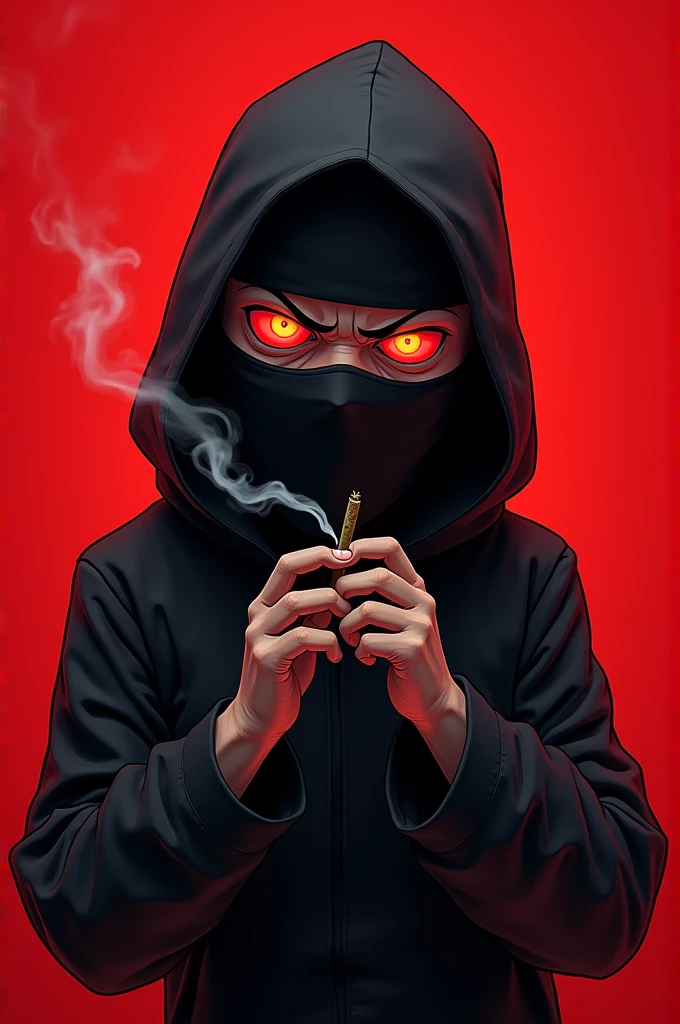 Make me a Rick and Morty character that has a ninja mask and his eyes are very red from smoking and in his hands is the joint he is smoking and the background is red and his face is neither evil nor good, it is neutral and he is releasing smoke through his nose and it comes out through the mask