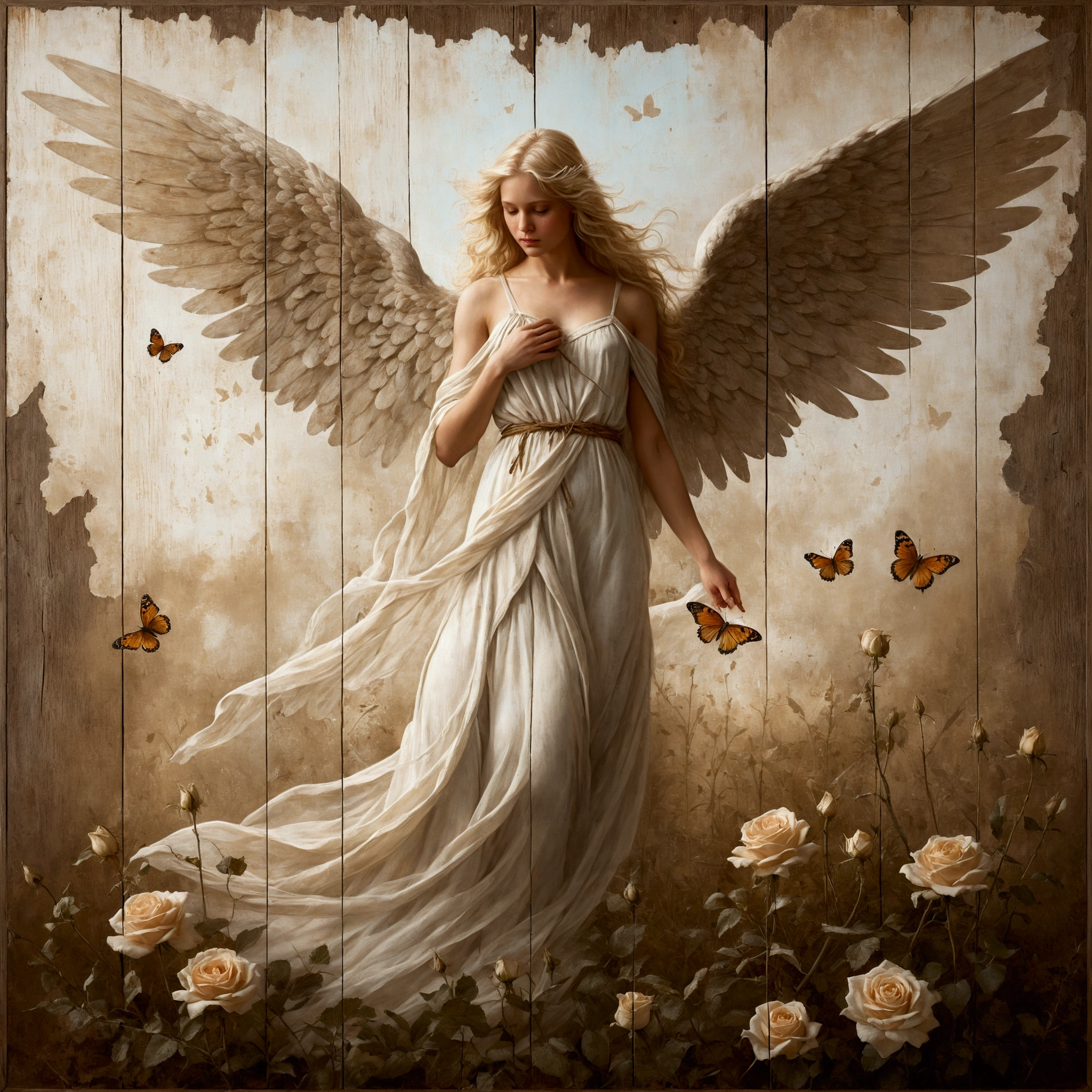 the angel is an weathered peeling image painted on an old peeling wooden sign, static, haze, cracks worn patches, weathered painted image of blonde haired angel, standing on a battle field holding a butterfly bringing life back into it weathered painting on a old wooden sign board, the angel is an weathered peeling image painted on an old peeling wooden sign, static, haze, cracks worn patches, weathered painted image of blonde haired angel, standing on a battle field holding a butterfly bringing life back into it weathered painting on a old wooden sign board, wearing a transparent Voile dress, wooden sign-board style, paper roses, paper wings, scroll work, designs, flacking paint dried plants, simple background, photorealistic, perfect, oilpainting, photorealistic, In a sublime portrayal, an angel draped in a pristine, luminescent cloak captivates the viewer. The ethereal being is depicted in a striking painting, which precisely highlights the angel's purity and radiance. Resplendent with heavenly beauty, the cloak glistens with a glossy sheen, reflecting divine light. The delicate feathers that adorn the angel's wings possess a remarkable softness and grace, seemingly untouched by earthly impurities. This awe-inspiring image evokes beautiful blonde girl wearing a transparent Voile dress, wooden sign-board style, paper roses, paper wings, scroll work, designs, flacking paint dried plants, simple background, photorealistic, perfect, oilpainting, photorealistic, In a sublime portrayal, an angel draped in a pristine, luminescent cloak captivates the viewer. The ethereal being is depicted in a striking painting, which precisely highlights the angel's purity and radiance. Resplendent with heavenly beauty, the cloak glistens with a glossy sheen, reflecting divine light. The delicate feathers that adorn the angel's wings possess a remarkable softness and grace, seemingly untouched by earthly impurities. This awe-inspiring image evokes beautiful blonde girl