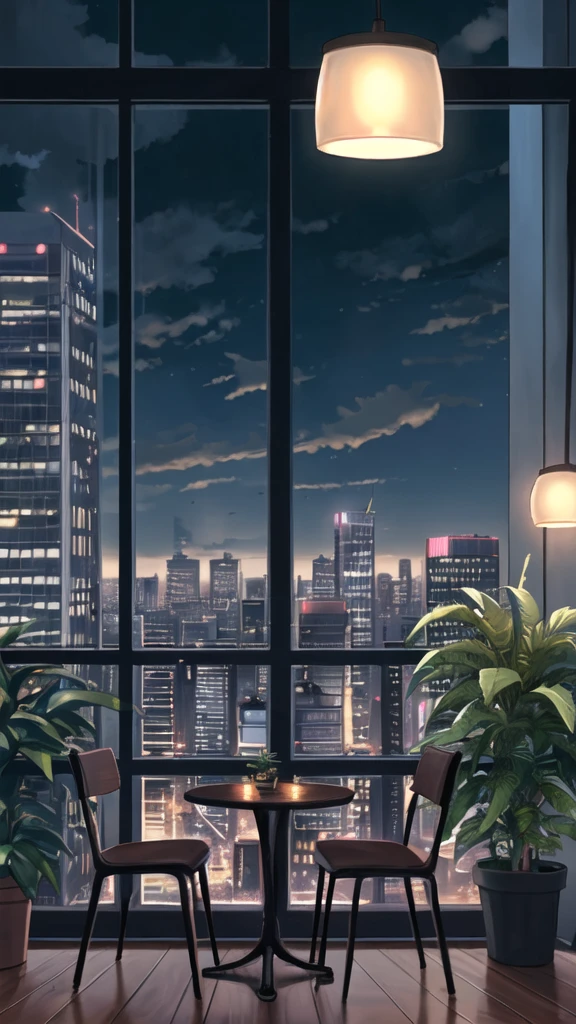 building, chair, city, city lights, cityscape, cloud, cup, indoors, night, night sky, no humans, plant, potted plant, scenery, sky, skyscraper, table, window, wooden floor