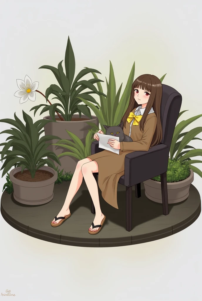 a woman sitting in a chair with a cat, (hair swept bangs:1.3), (long brown hair:1.3), art cover, ethereal anime, epic light novel art cover, 1girl, solo, looking at viewer, bangs, brown hair, long sleeves, dress, bow, holding, brown eyes, sitting, closed mouth, flower, sandals, plant, white flower, yellow bow, paper, potted plant, slippers, anime style, from girls frontline, fine details. girls frontline, girls frontline universe, girls frontline style, girls frontline, girls frontline cg, soft anime illustration, 2 0 2 2 anime style, 2022 anime style, pixiv contest winner, pretty anime character design, render of april