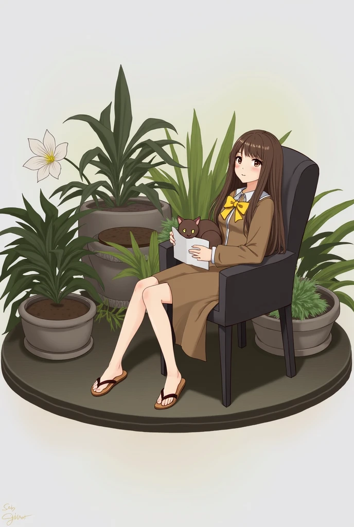 a woman sitting in a chair with a cat, (hair swept bangs:1.3), (long brown hair:1.3), art cover, ethereal anime, epic light novel art cover, 1girl, solo, looking at viewer, bangs, brown hair, long sleeves, dress, bow, holding, brown eyes, sitting, closed mouth, flower, sandals, plant, white flower, yellow bow, paper, potted plant, slippers, anime style, from girls frontline, fine details. girls frontline, girls frontline universe, girls frontline style, girls frontline, girls frontline cg, soft anime illustration, 2 0 2 2 anime style, 2022 anime style, pixiv contest winner, pretty anime character design, render of april