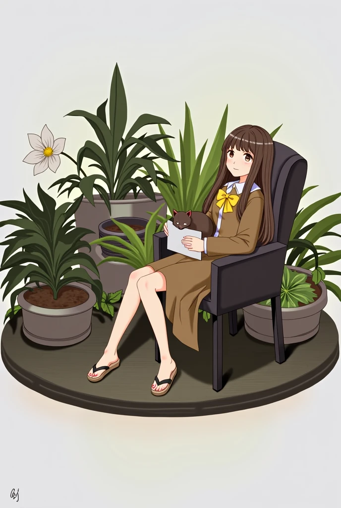 a woman sitting in a chair with a cat, (hair swept bangs:1.3), (long brown hair:1.3), art cover, ethereal anime, epic light novel art cover, 1girl, solo, looking at viewer, bangs, brown hair, long sleeves, dress, bow, holding, brown eyes, sitting, closed mouth, flower, sandals, plant, white flower, yellow bow, paper, potted plant, slippers, anime style, from girls frontline, fine details. girls frontline, girls frontline universe, girls frontline style, girls frontline, girls frontline cg, soft anime illustration, 2 0 2 2 anime style, 2022 anime style, pixiv contest winner, pretty anime character design, render of april