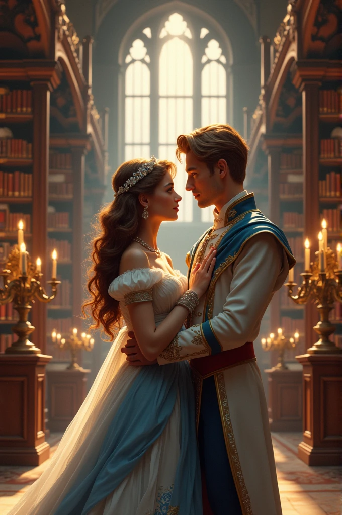 A nice and big library, like beauty and the beast, with a 2 prince with short brown blonde hair, Tez blanca, Deep and bright blue eyes, and high, and a short girl in a white and blue dress as if it were Cinderella&#39;s dress, She has medium long curly hair, and light brown eyes. Looking into each other&#39;s eyes and holding hands, realist 