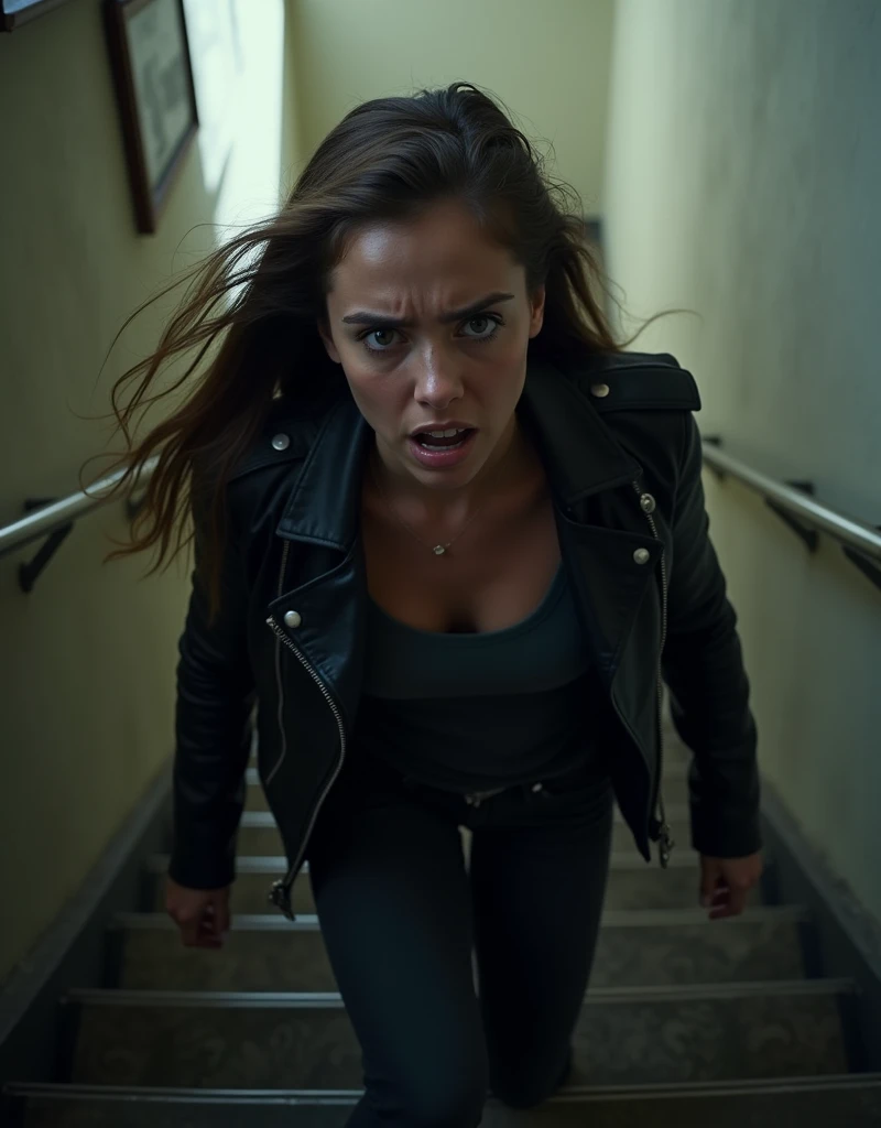 Sara, 23, dressed in a black biker jacket, crying, quickly climbs the stairs : plano general (PG), camera tracking,