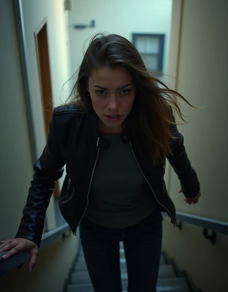 Sara, 23, dressed in a black biker jacket, crying, quickly climbs the stairs : plano general (PG), camera tracking,