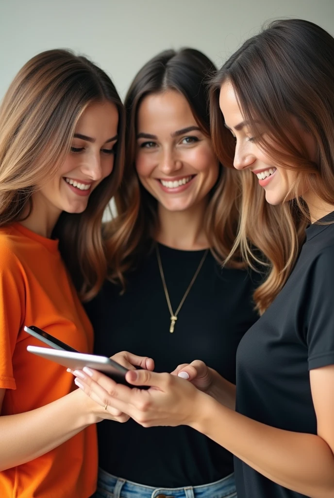 Create an image of a 3 woman, with brown hair. She should be wearing an orange and black t-shirt and clicking on a tablet screen., which should be closer to her face. The image will be used on an Instagram profile for promotions, so it is important that it conveys a sense of sympathy, Confidence and style. The woman should have a friendly and smiling expression, and be in an environment that matches a promotions profile, as a simple background or a working scene.