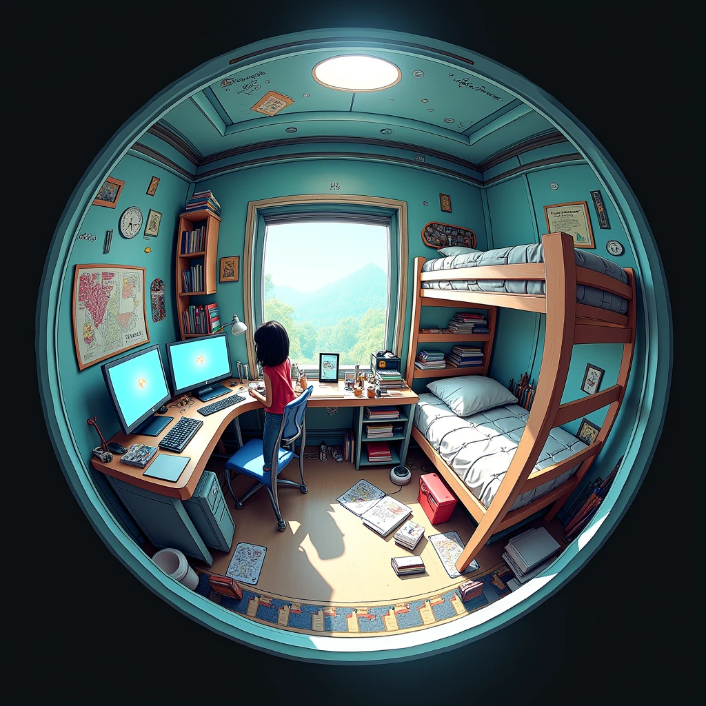 Messy girl's room, futurist, the room must be in perspective (fish eye) and a little view from above (do not include any person, only the fourth) In the foreground there should be a computer ( the computer must be facing away, the screen should not be visible) and in the background a bunk bed on the right side against the wall full of books and art supplies