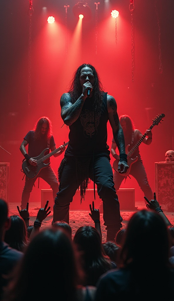 Designing brutal and intense deathcore scenes. Dark and sandy stage image with fierce band performing under red and black lighting, surrounded by skulls and chains. Spiderman's lead vocalist, with devil tattoos and a strong attitude, shouted into the microphone, while the crowd, wearing dark and tense clothes, moshes syncopated with heavy, distorted guitar riffs. The atmosphere is aggressive and chaotic, filled with raw energy and intense emotion