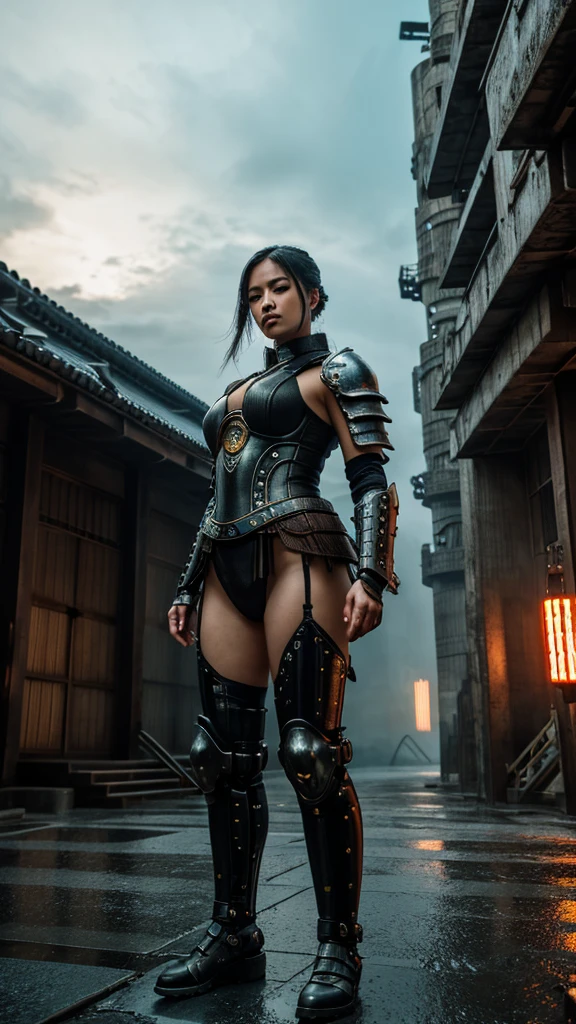 A beautiful woman, plump body, perfect abs, big thighs, mechanical body, hydraulic cylinders, samurai armor, Japanese sword, at a battlefield, (best quality,4k,8k,highres,masterpiece:1.2),ultra-detailed,(realistic,photorealistic,photo-realistic:1.37),extremely detailed face and eyes,beautiful detailed eyes,beautiful detailed lips,long eyelashes,intricate mechanical details,futuristic cyberpunk,dramatic lighting,cinematic composition,epic fantasy,moody atmosphere,vibrant colors,samurai katana,war-torn environment,detailed armor plating,dystopian sci-fi