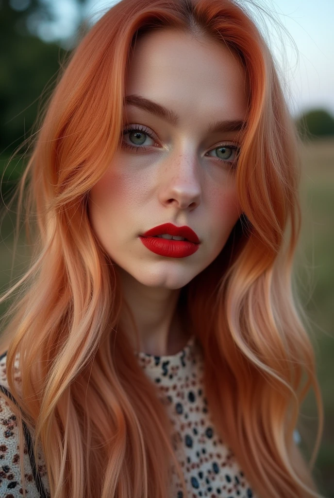 A 20-year-old beautiful European girl with detailed long red hair and gray eyes, wearing lip liner, eyeliner, and red lipstick, takes an iPhone camera selfie of herself in the sport. The selfie is a medium shot, and the girl has an ombre blonde-pink hair color. The image features film grain and medium quality, shot with an 80mm lens. The same girl and face are captured, emphasizing her striking features.