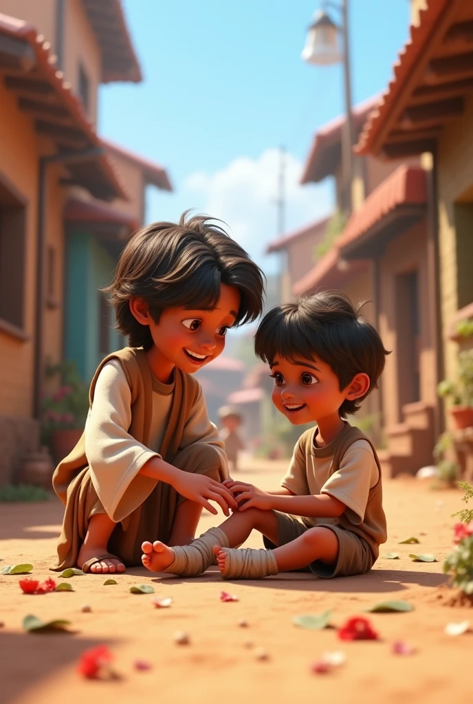 A 3D movie poster in Disney-Pixar style of Jesus as a kid playing, one of his friends broke his ankle and jesus went to help him