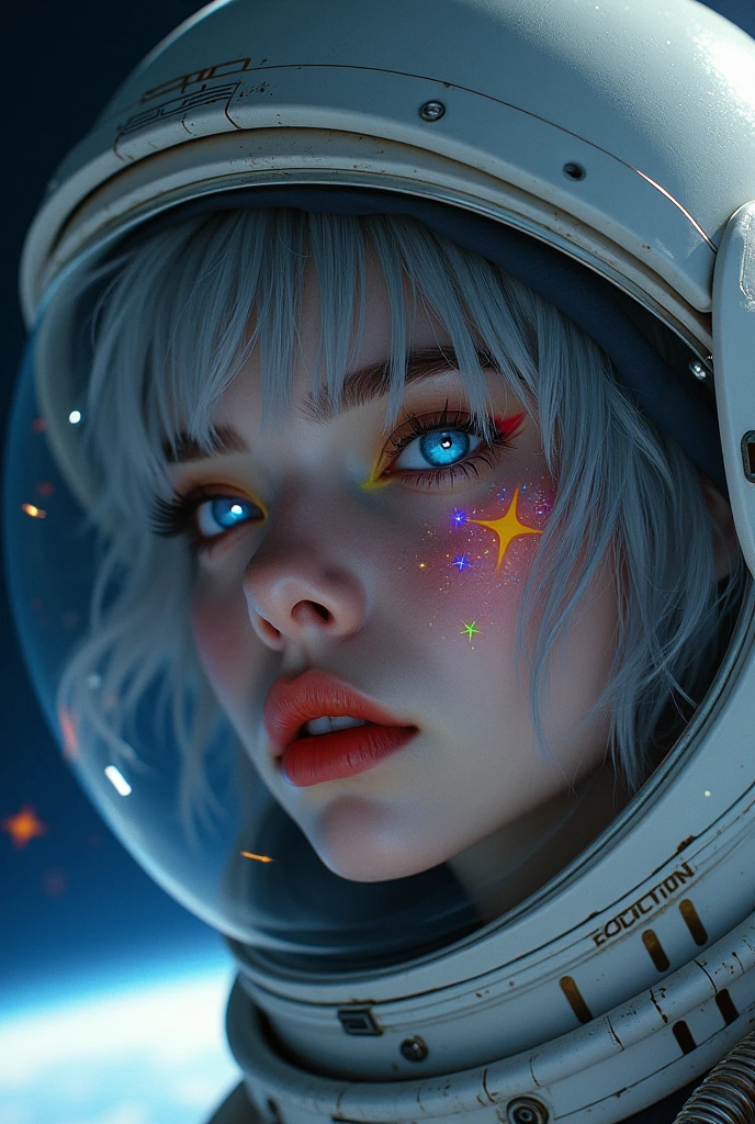 (Close-up of a better masterpiece:1.5)0.9], (Space and astronauts:1.2) (Messy silver hair:1.1) (Heterochromia xanthochromia and blue eyes:1.2) (Space Helmet:1.0) (Colored stars in the eyes:1.0) (A radiant glow:1.1) (thick lips:0.9)(Flag of The Socialist Republic of the Philippines)
