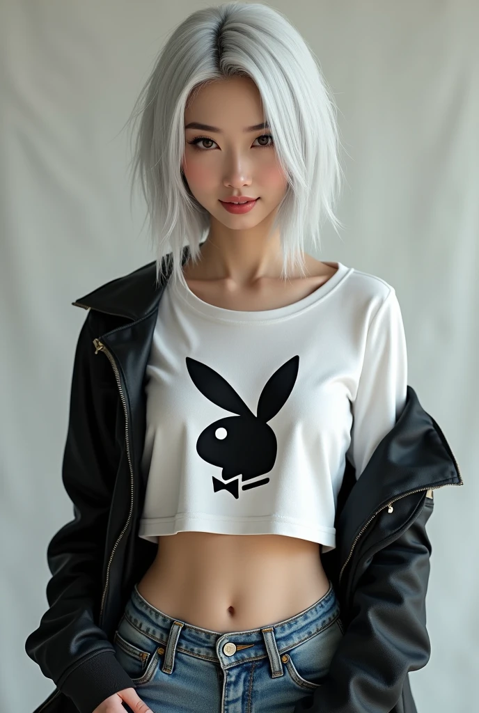 A Chinese woman wearing a shirt with the Play Boy symbol and denim shorts with white hair