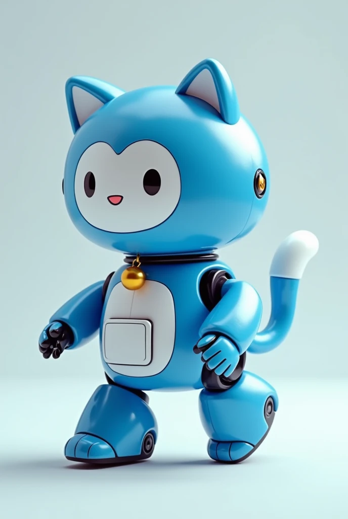 Draw a blue cat robot, make it bipedal, walk on two legs, put a bell on its collar, make its face and belly white, and put a pocket on its belly.
