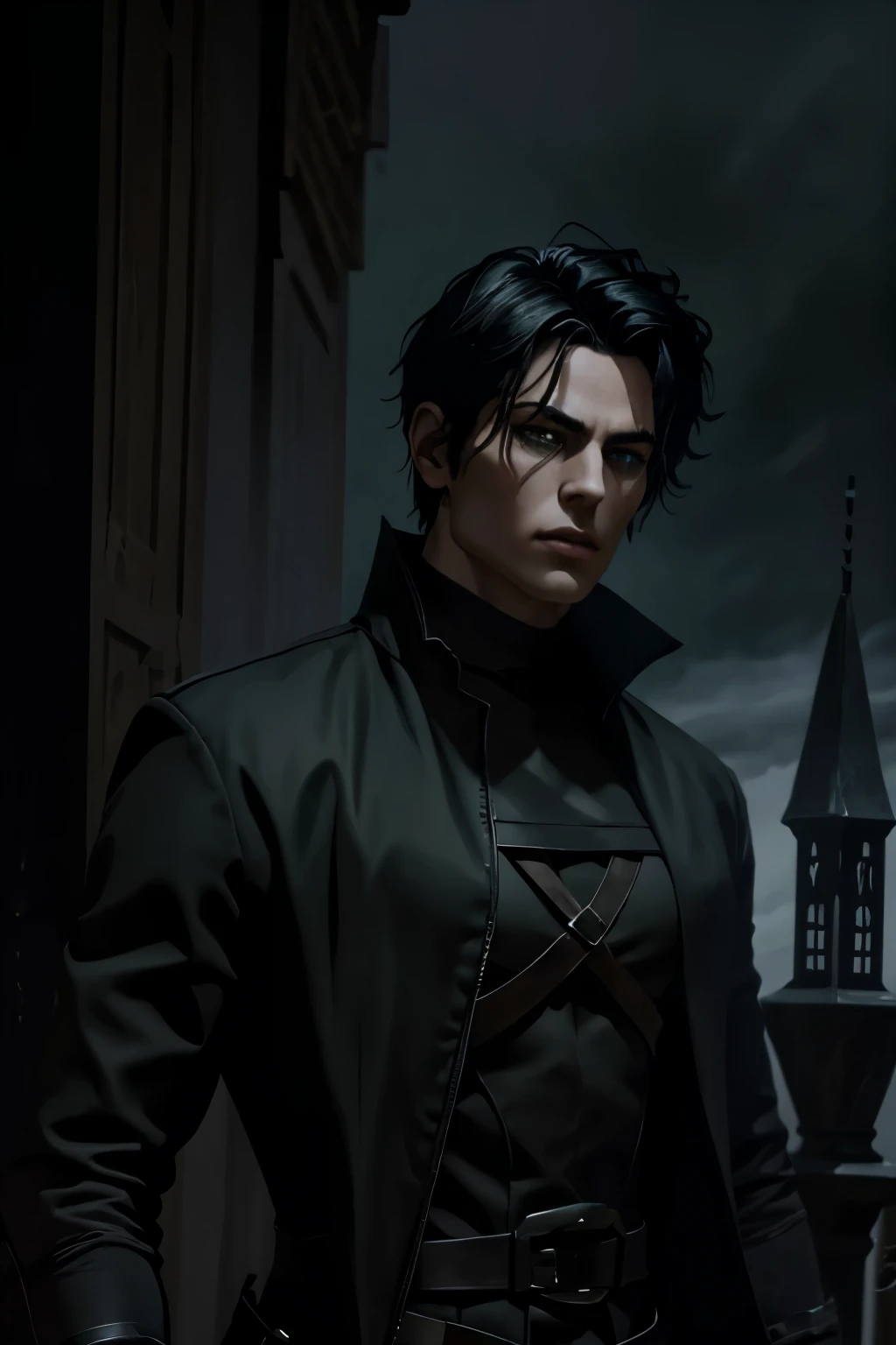 (an androgynous male assassin:1.1),wild black hair,green eyes,slim,black assassin clothing,in a castle,medium:oil painting,detailed background,moody lighting,vivid colors,dark and mysterious ambiance,ominous atmosphere