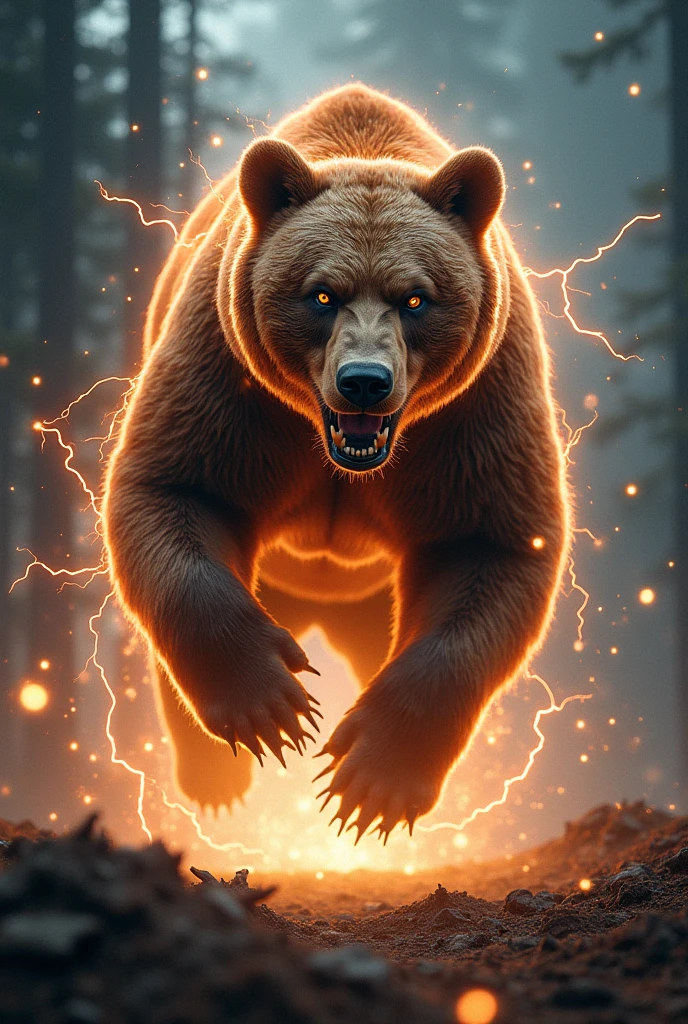 masterpiece,High resolution, Thunder Elemental Animal Brown Bear、Jumping on the audience、electrification、Illumination、From an angle、