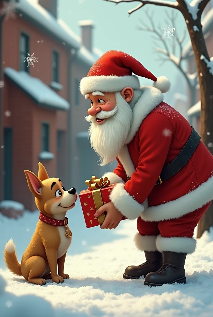 papa noel giving a present to a little poor dog
