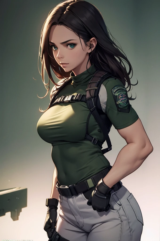 masterpiece, best quality:1.2), expressive eyes, perfect face, highres, 1 girl, solo, (female:1.5), chris redfield, green taut shirt, white pants, fingerless gloves, belt, hands to hip, standing, portrait, looking at the viewer,
