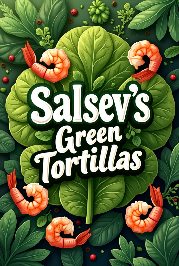 MAKE A LOGO THAT SAYS SALSEV'S GREEN TORTILLAS WITH SHRIMP THAT HAS A BUNCH OF GREENS AND SHRIMP