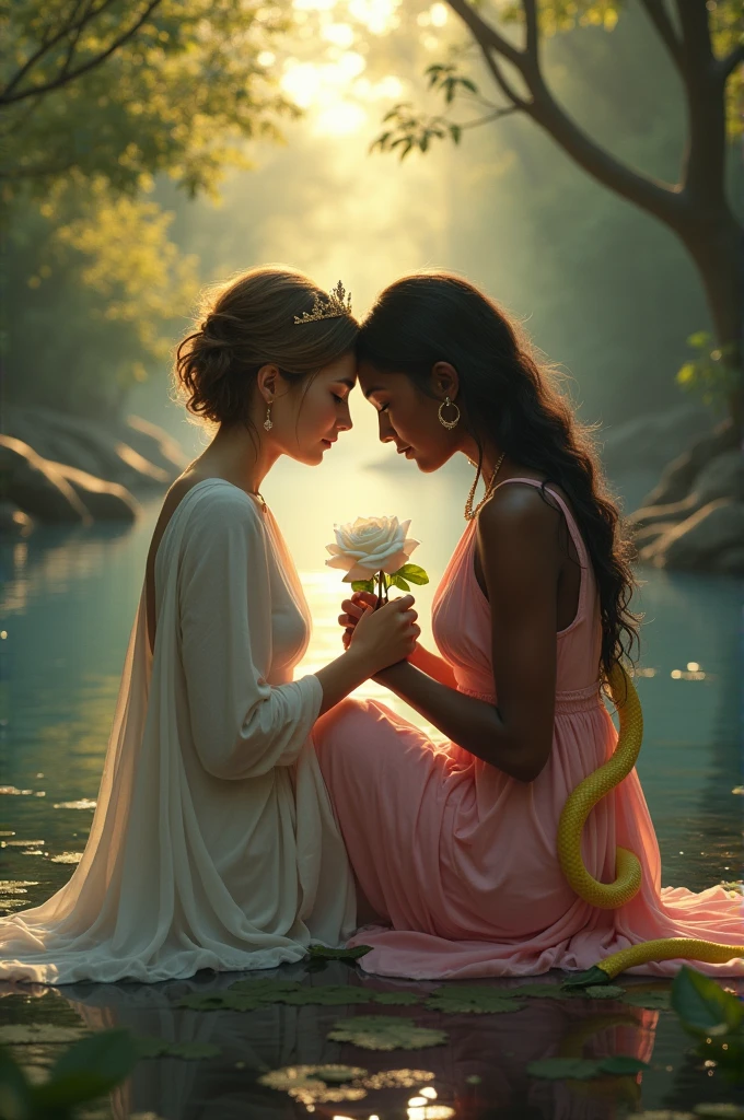 a woman, white-skinned, Hispanic appearance, 4, 1,83 centimeters tall, slim, very short hair at nose level, light brown, little breast, white and light clothes, brooding, on his knees, near the source of a calm river, with a white rose in his hands, without realizing that she is being touched on the head in a very respectful and loving way by a beautiful female deity, of African characteristics, skin black, long hair, with a humble crown, pink flowing clothes, Pure appearance, innocent, with a beautiful, calm yellow snake coiled around her shoulders, in the middle of the virgin forest, at dusk, with reddish and yellow sky, under a thick and beautiful fog.