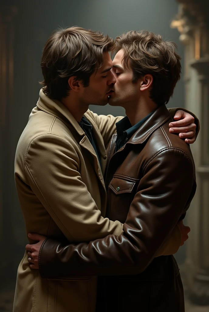 Dean Winchester and the angel Castiel kissing, (characters from the supernatural series). They are in the Bunker of Men of Letters. Castiel has blue eyes and brown hair., and wears a beige overcoat, while Dean has green eyes and wears a brown leather jacket.
