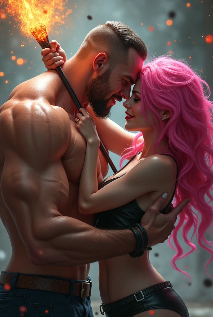 a muscular man with a malicious girlfriend , with pink hair throwing a fire arrow with her hands , The right one is pulling it and the left one is holding it in a kind of way. "and"