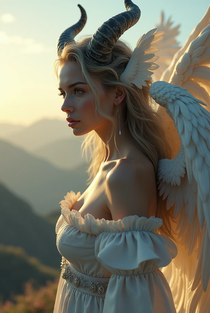 attractive cute woman half devil half angel realistic with far perspective