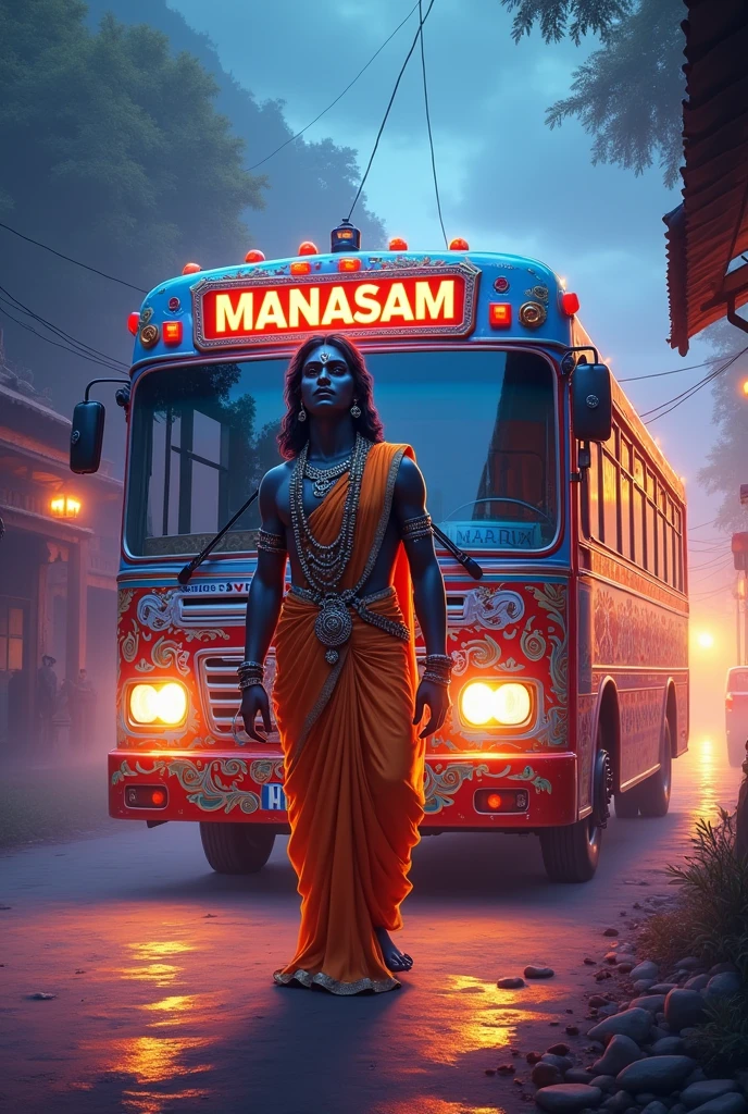 A bus named manasam loard krishna standing front of the bus and all light on
