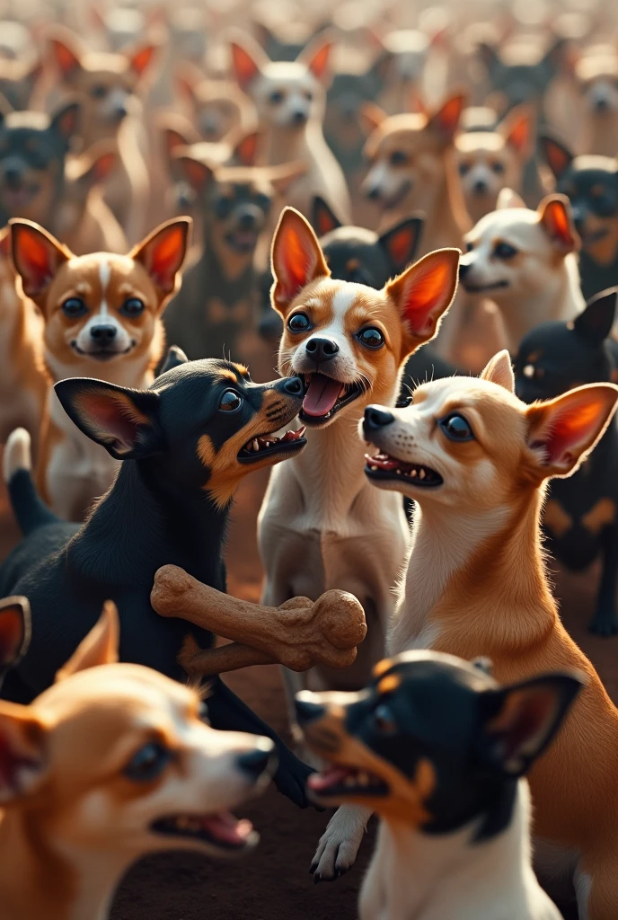 1000 Chihuahua dogs fighting over a bone