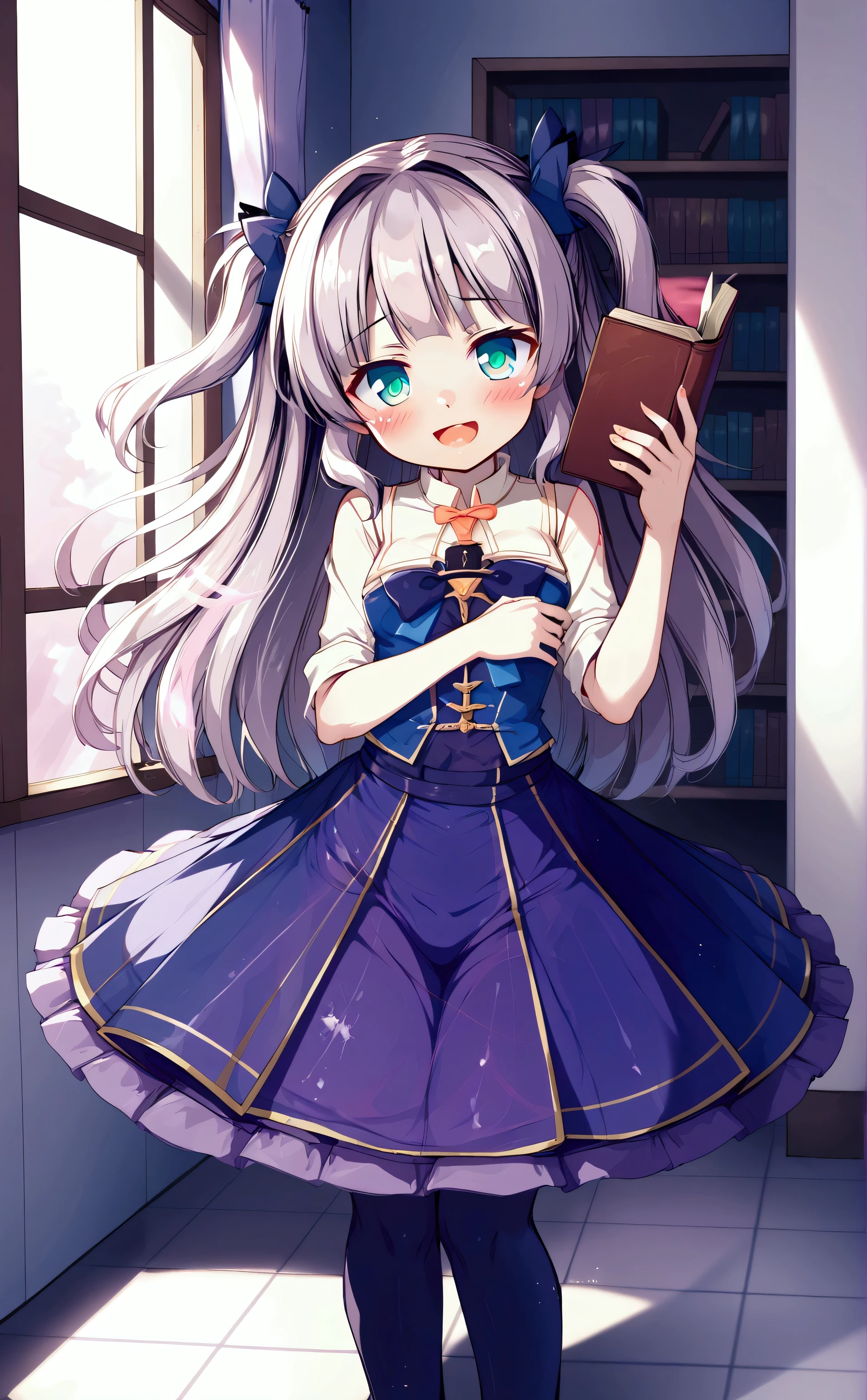 A small young looking Girl holding a closed book in a library with the sun shining in through a window, she has long silver hair and is a proffessor, she smiles with a joyful expression and is happy to see you, she is blushing, a brown table with various books is next to her.