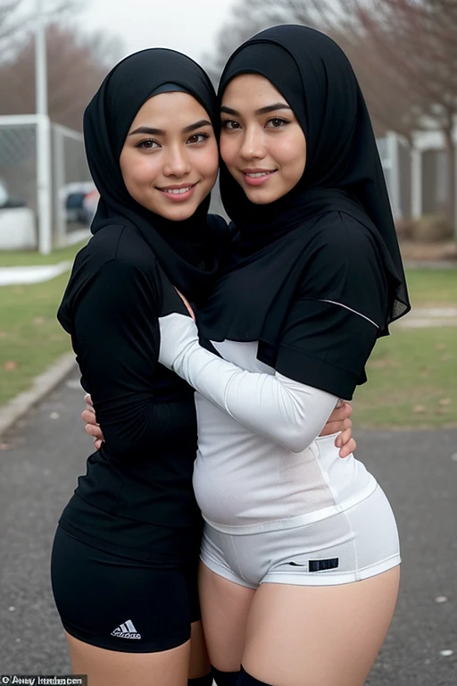 RAW, Best quality, high resolution, Masterpiece: 1.3), Beautiful malay woman in rugby outfit wearing shawl style hijab, non naked, wearing jersey outfit, ((2 females, groping each others breasts, breasts groping from behind, hugging from behind)), flawless face, cute face, pretty malay face, beautiful white teeth, Masterpiece, Perfect plump body, full body, sexy rugby outfit, tight breasts, short hair, ((wearing black shawl style hijab, wide and long hijab)), covered in cum, soaked in semen, beautiful big eyes, watery eyes, Soft smile, smiling, breezy, skin details, skin texture details, wide hips, thick thighs, sexy plump body, morning time, happy, bright sunshine, at football field, blurred background, bokeh, ((white, black and grey outfit, wearing baggy rugby jersey shirt short sleeves, wearing black handsocks, wearing tight shorts, wearing black long socks, wearing sweater)), ((standing, sexy legs)), ((hands above breasts)), ((wearing long black gloves))