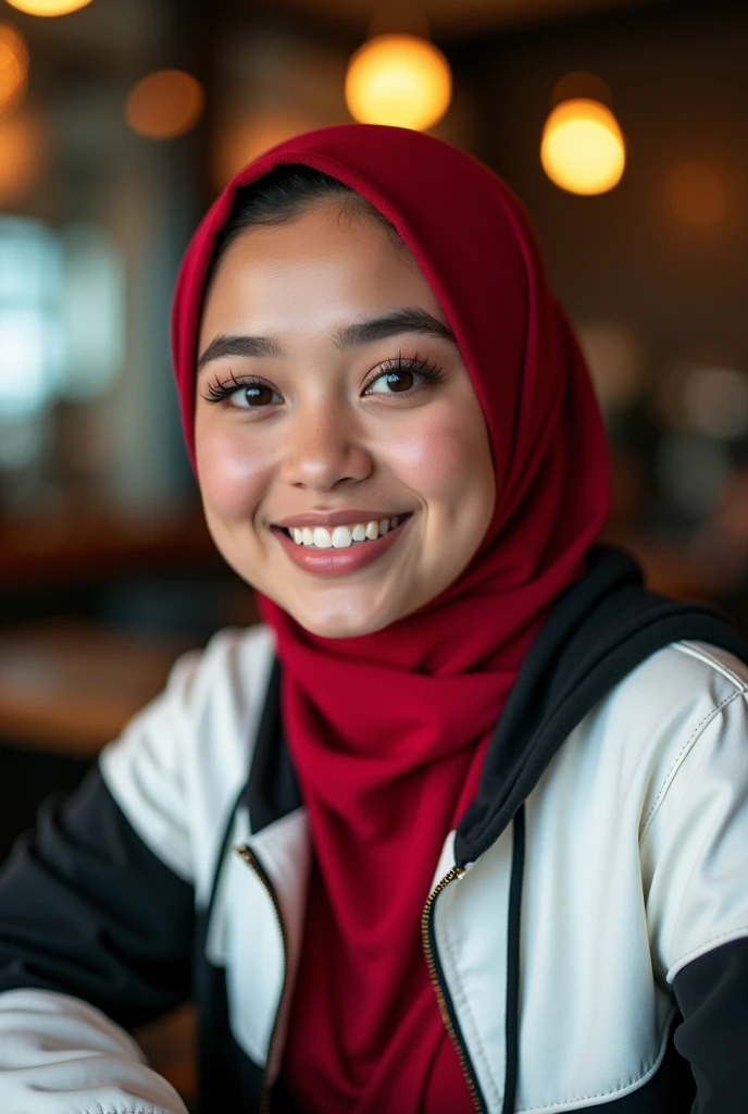 Hijab , portrait half body shoot 1:2 , holding face. One hand on table. Dominance smile. Perfect theeth.shoot by canon r6 Godox v1 Speedlite. Lace hijab. Wear minimalist flower red hijab. Girl average 2. Samo matang skin. Upturned eyes. Heavy make up. Perfect hijab((.chinese eyes)) Cafe background.cyberpunk dress hoodie white black.holding man hand. pink lips, snube nose big. Beautiful eyesbrow, long lashes. Brown hazel eyes.. chubby face. Indonesia girl nose. Hidung pesek. small pimple lot on skin. Dry skin. Very cute. Big lips