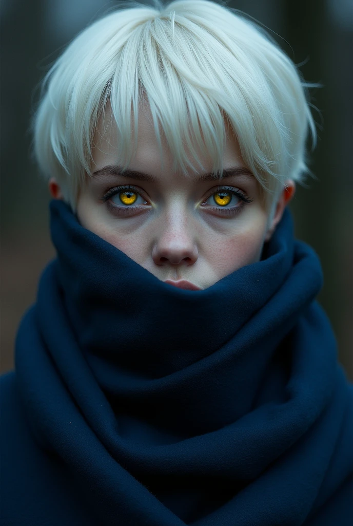  , with short white hair, yellow  eyes,  dark blue scarf 