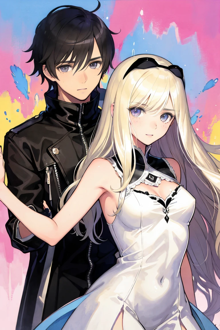 man and woman, couple, love, mature, a cat woman, she has freckles, she has dark brown eyes and an upturned nose, she is happy and smiling, she has long wavy hair, black hair, she is wearing aviator sunglasses with clear lenses in a soft watercolor style. The girl's clothes must be pink, purple, and blue in celebration of the bisexual, with stains of ink and watercolor mixing and filling the scene. he has blonde hair, he is handsome, he is slim. There should be a subtle, nuanced change in colors using the impasto technique with gouache paint. There should be a light rain in the watercolor painting with a little watercolor paper texture and a pastel background.