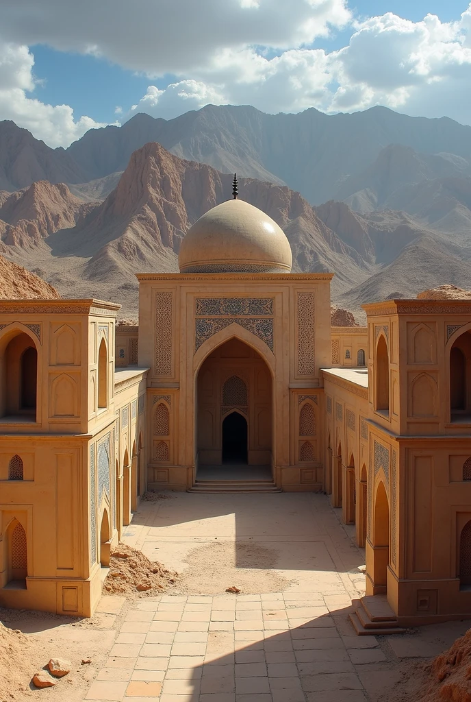 Generate an image that encapsulates the essence of Uzbekistan. Showcase the intricate architecture of historic cities such as Samarkand and Bukhara, highlighting the region’s cultural richness. Set the image against the backdrop of the arid beauty of the Kyzylkum Desert