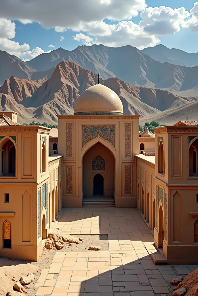 Generate an image that encapsulates the essence of Uzbekistan. Showcase the intricate architecture of historic cities such as Samarkand and Bukhara, highlighting the region’s cultural richness. Set the image against the backdrop of the arid beauty of the Kyzylkum Desert